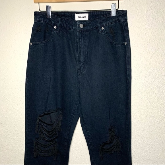 Rolla's Original Cropped High Rise Distressed Straight Leg Jeans Black 29 - Picture 3 of 8